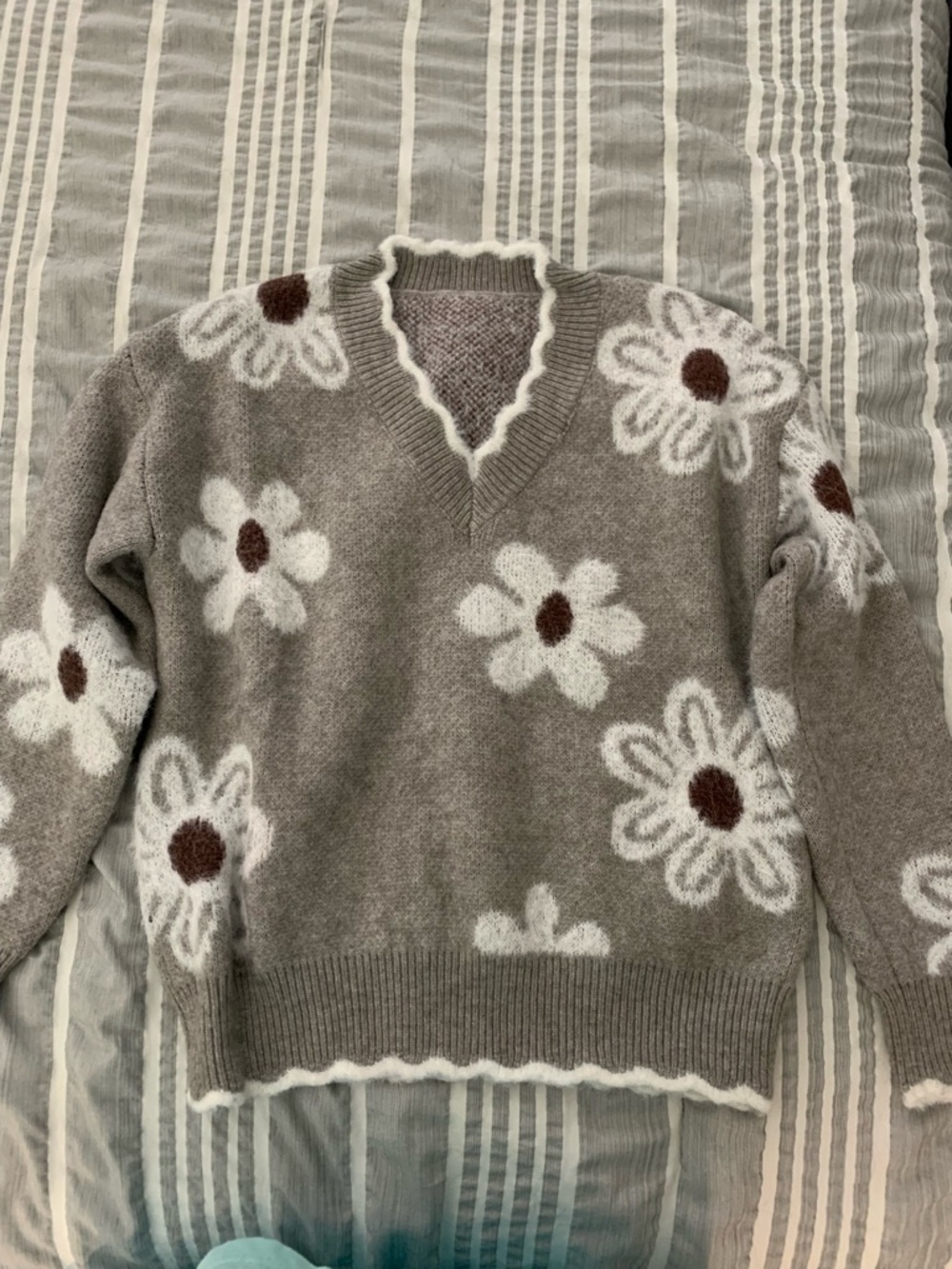 SHEIN Taupe Daisy V-Neck Sweater with White Flowers and Brown Centers